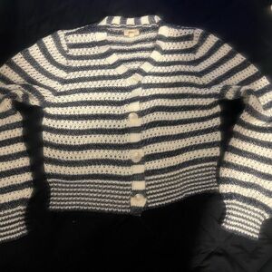 Elan Striped Open-Knit Cropped Cardigan Sweater Size L